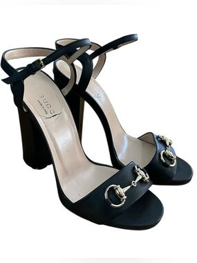 Gucci Women’s Black Leather Upper Horsebit Peep Toe Block Sandal Heels Size 37.5